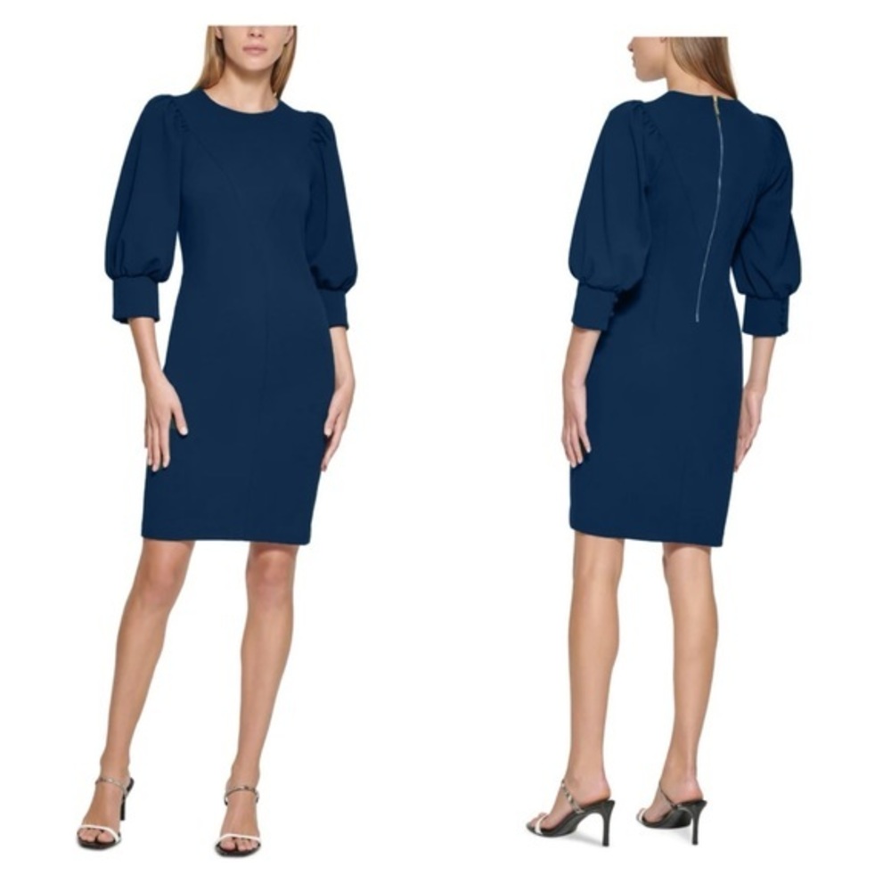 Calvin Klein Navy Blue Puff Sleeve Stretch Crepe Sheath Dress 4